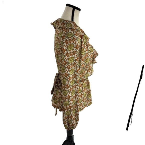 Max Studio Womens M Brown Floral Ruffle V Neck Long Sleeve Peplum Blouse - Picture 3 of 6